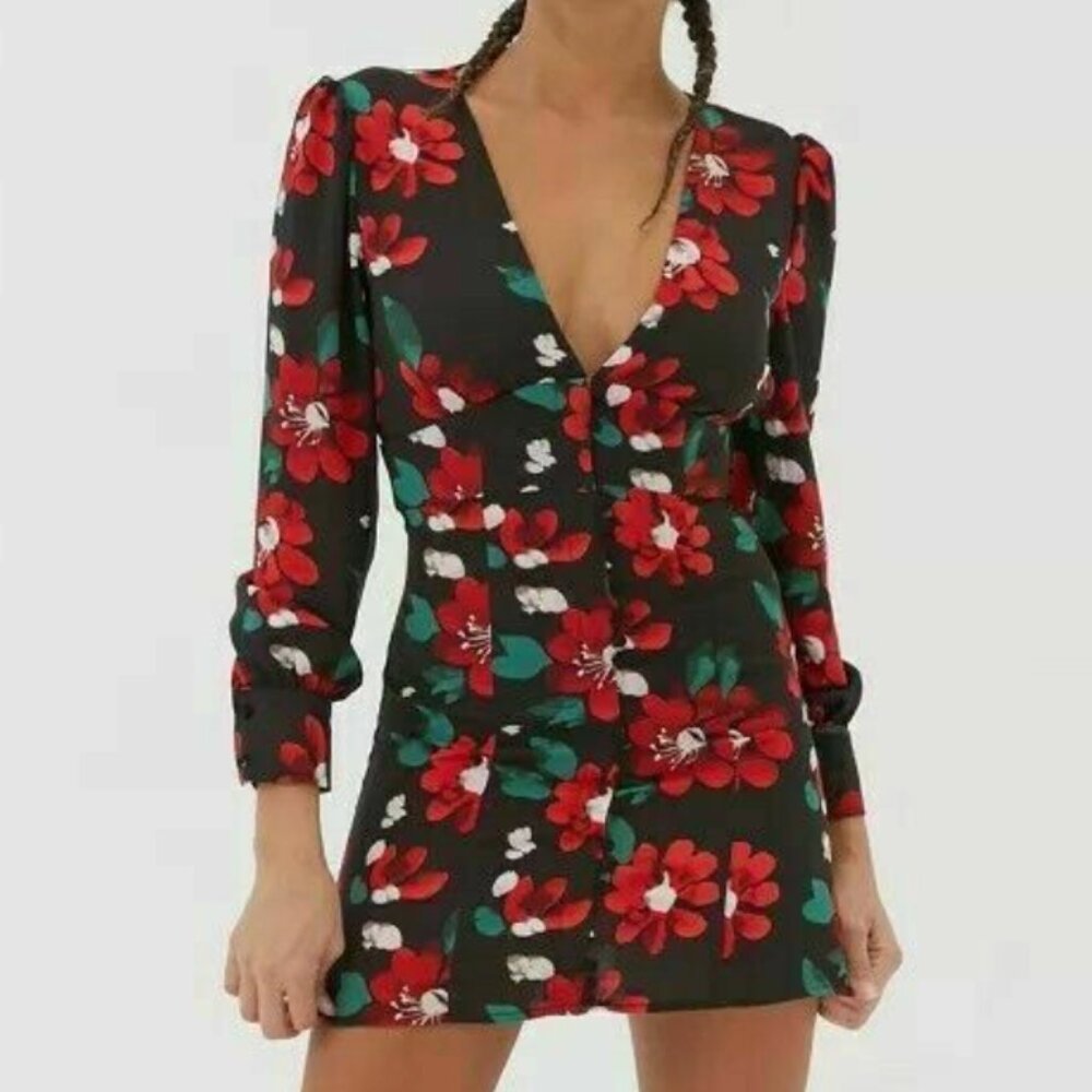 Urban Outfitters Michelle Plunging Red & Black Floral Mini Dress Size S
